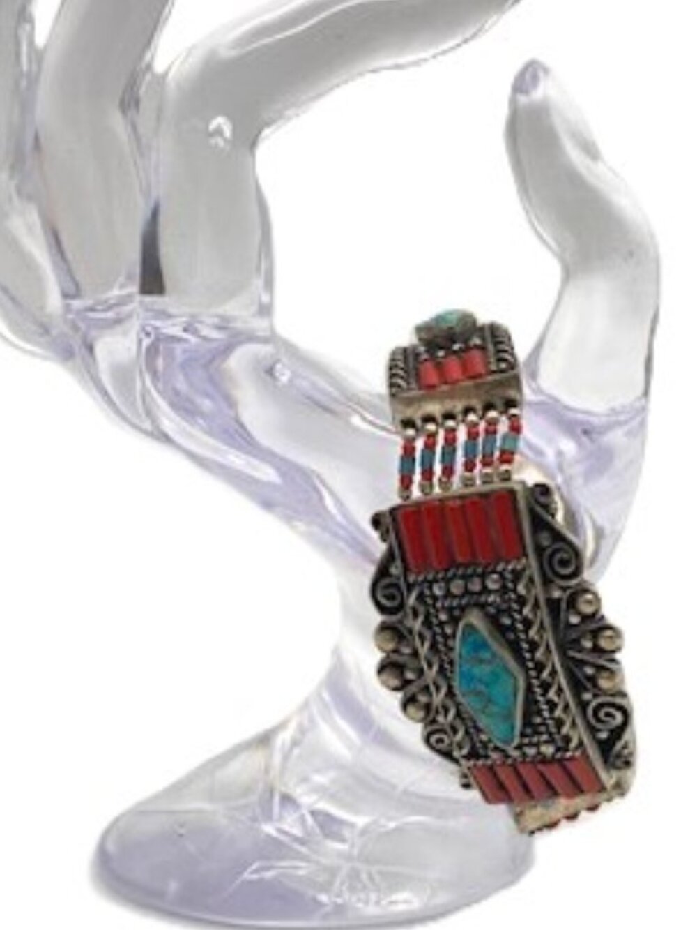 Boho Ornate Tibetan bracelet faux turquoise, coral, metal